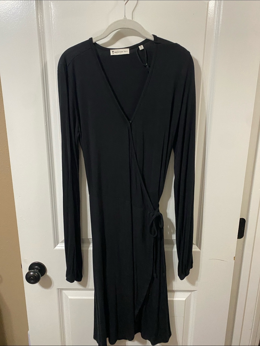 American Tall Black Long-Sleeve Wrap Dress with Tie Waist